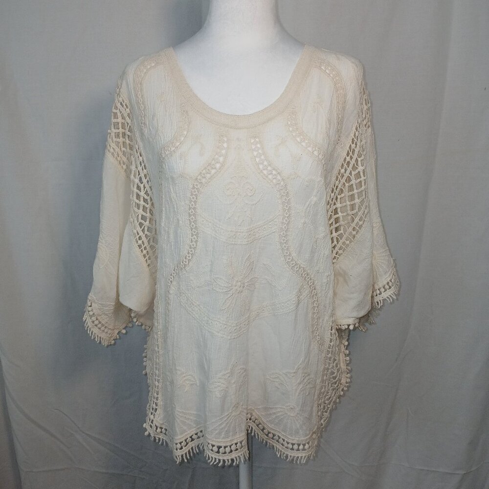 APRICOT BLOUSE, BOHO, OVERSIZED, CROCHET EMBROIDERD TOP, SIZE SMALL
